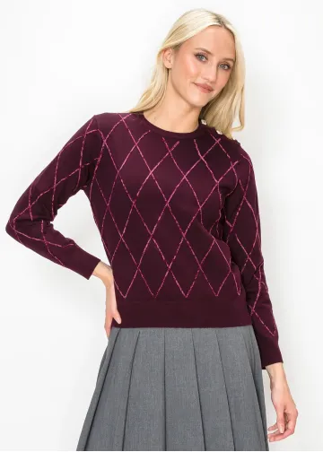 Burgundy Argyle Sweater with Shoulder Buttons