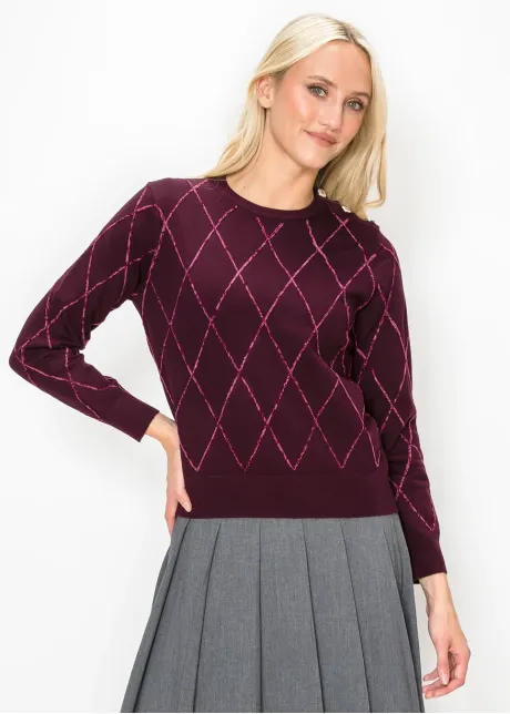 Burgundy Argyle Sweater with Shoulder Buttons