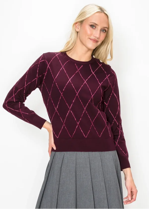 Burgundy Argyle Sweater with Shoulder Buttons