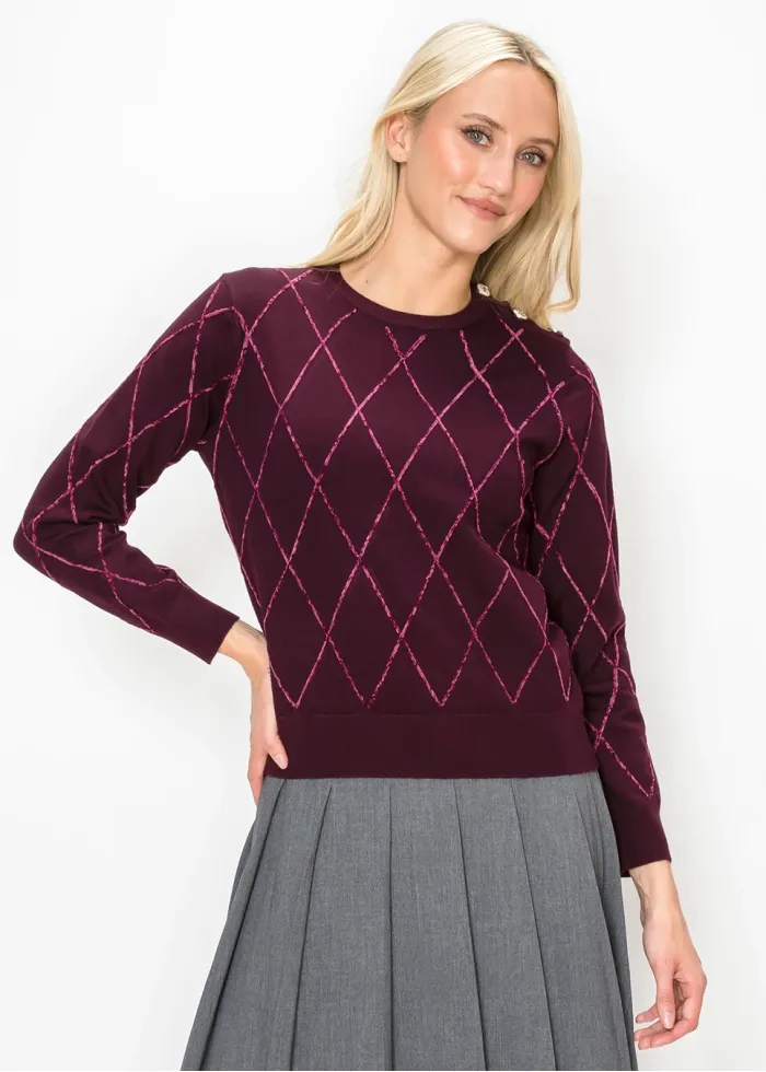 Burgundy Argyle Sweater with Shoulder Buttons