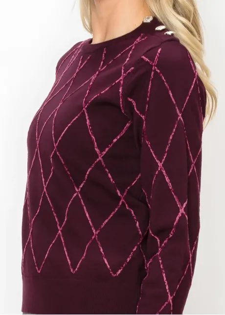 Burgundy Argyle Sweater with Shoulder Buttons