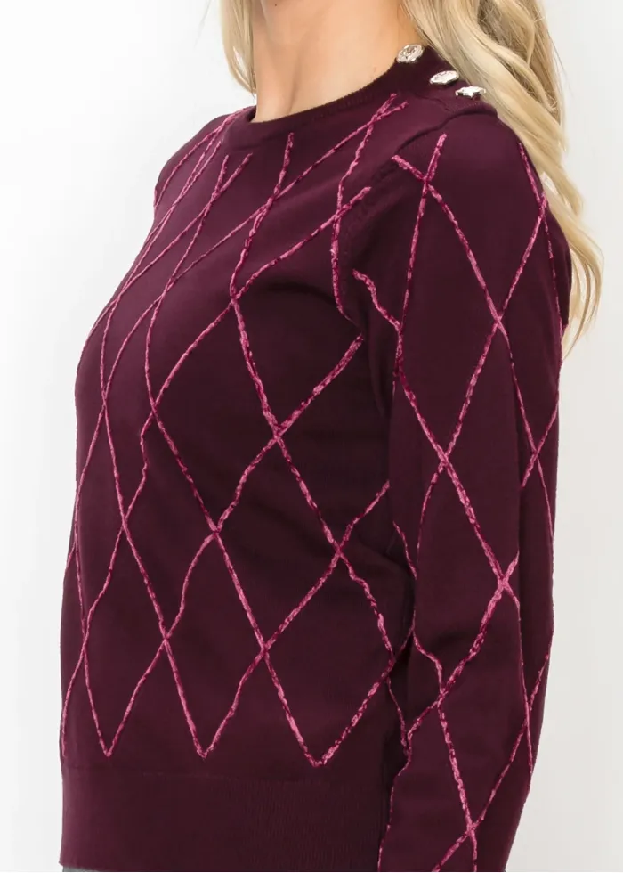 Burgundy Argyle Sweater with Shoulder Buttons