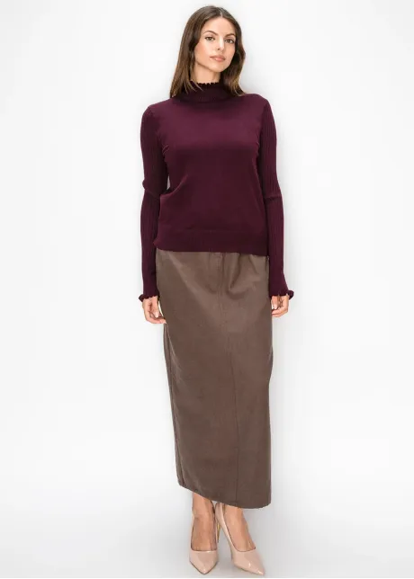 Burgundy Ruffle Mock Neck Sweater