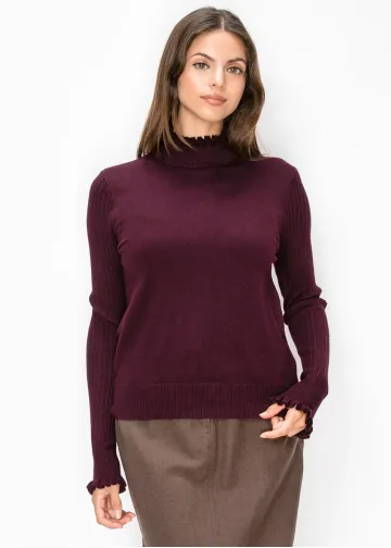 Burgundy Ruffle Mock Neck Sweater