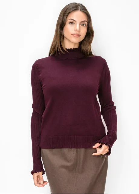Burgundy Ruffle Mock Neck Sweater
