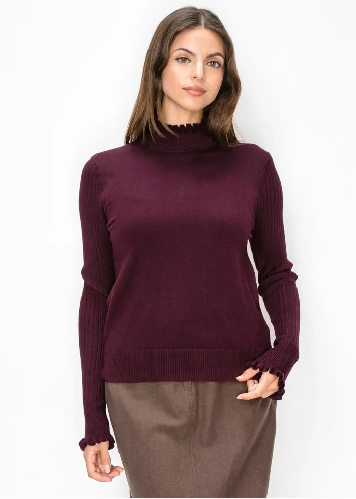 Burgundy Ruffle Mock Neck Sweater
