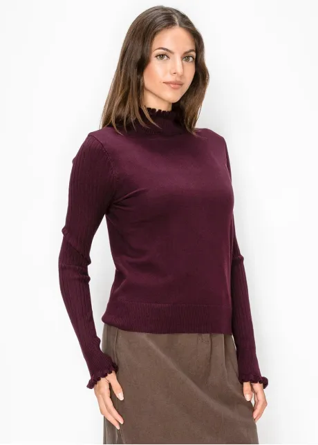 Burgundy Ruffle Mock Neck Sweater