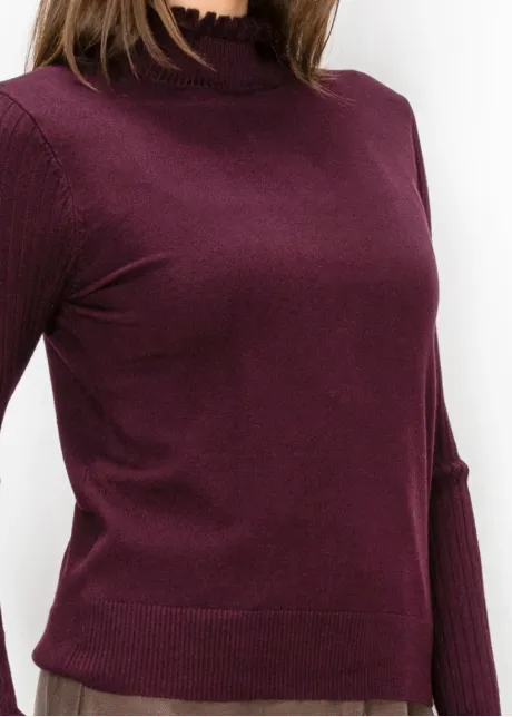 Burgundy Ruffle Mock Neck Sweater