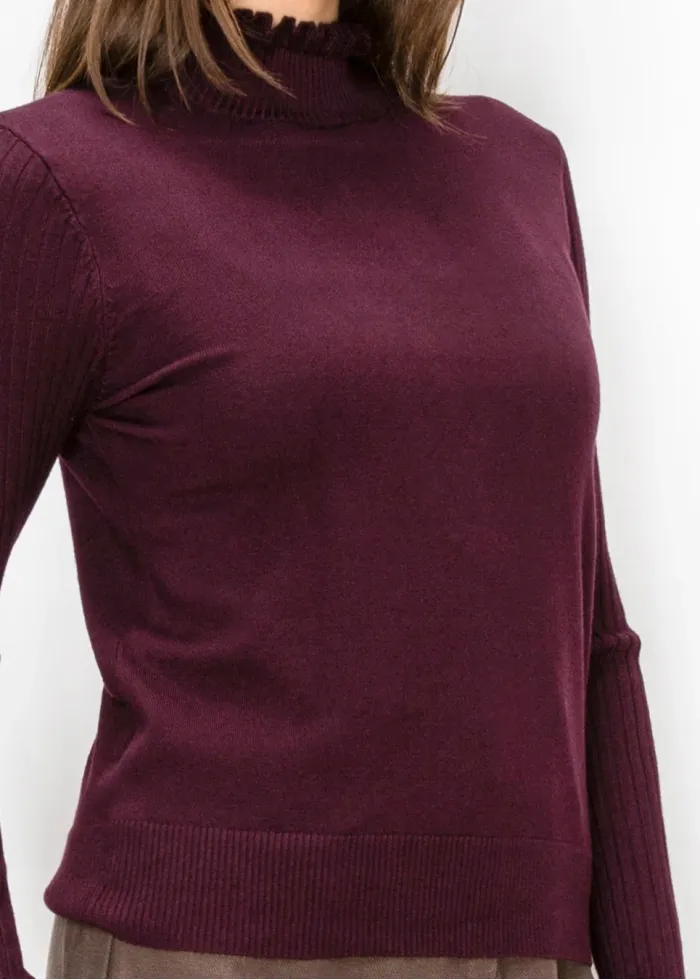 Burgundy Ruffle Mock Neck Sweater