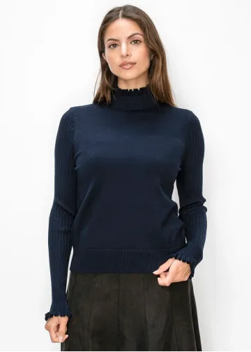 Navy Sweater with Ruffled Mock Neck and Cuffs