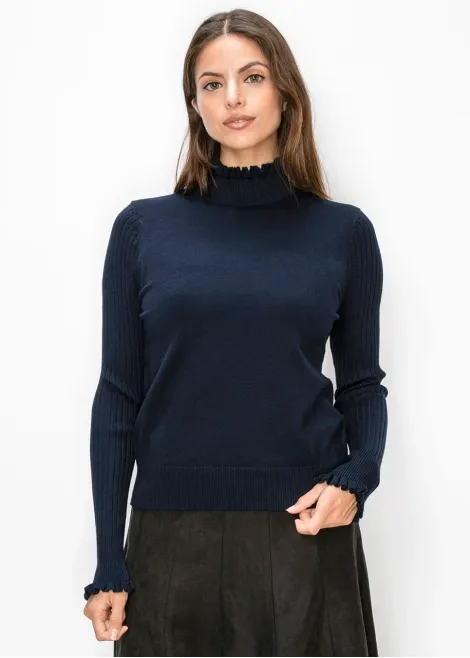 Navy Sweater with Ruffled Mock Neck and Cuffs