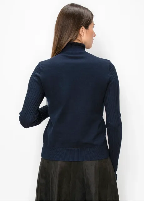 Navy Sweater with Ruffled Mock Neck and Cuffs