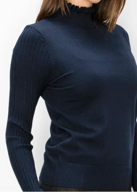 Navy Sweater with Ruffled Mock Neck and Cuffs