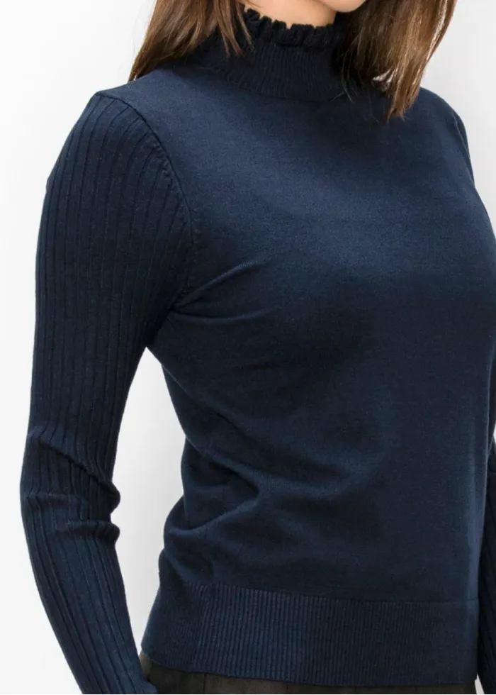 Navy Sweater with Ruffled Mock Neck and Cuffs