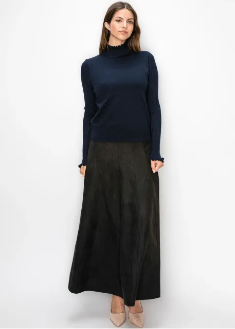 Navy Sweater with Ruffled Mock Neck and Cuffs
