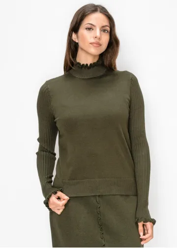 Ruffle Trim Sweater with Ribbed Sleeves