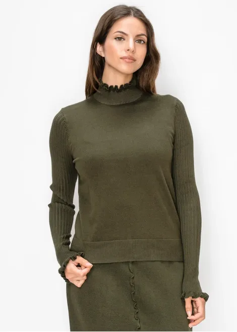 Ruffle Trim Sweater with Ribbed Sleeves