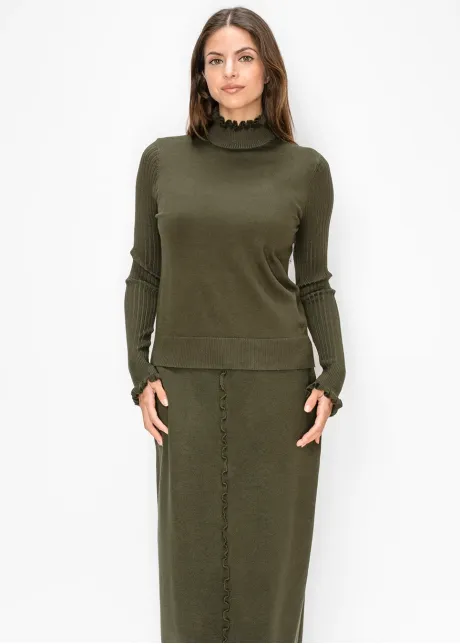 Ruffle Trim Sweater with Ribbed Sleeves
