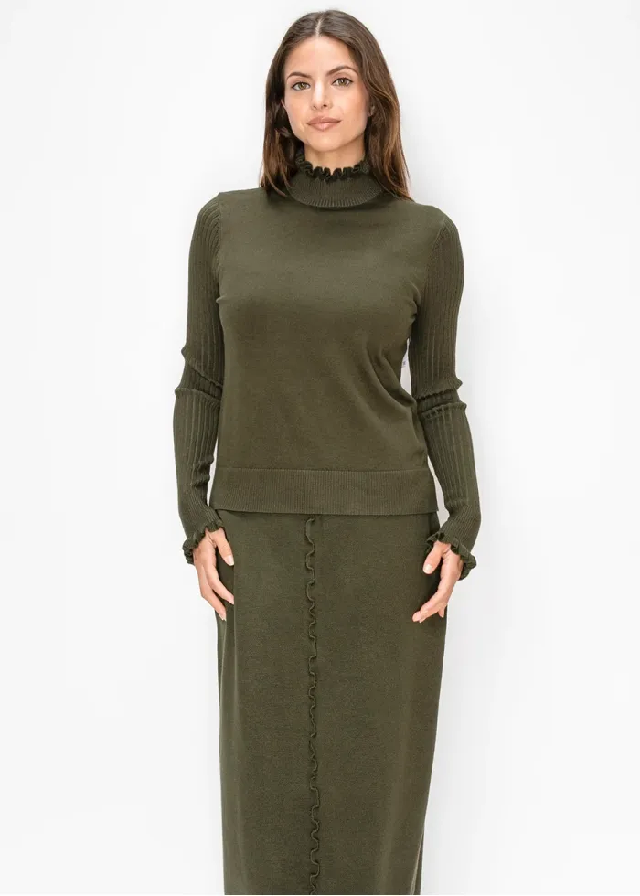Ruffle Trim Sweater with Ribbed Sleeves