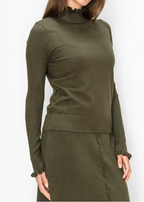 Ruffle Trim Sweater with Ribbed Sleeves