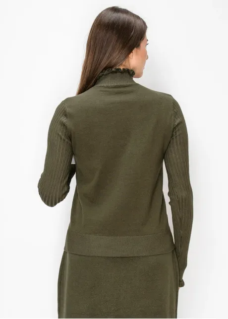 Ruffle Trim Sweater with Ribbed Sleeves