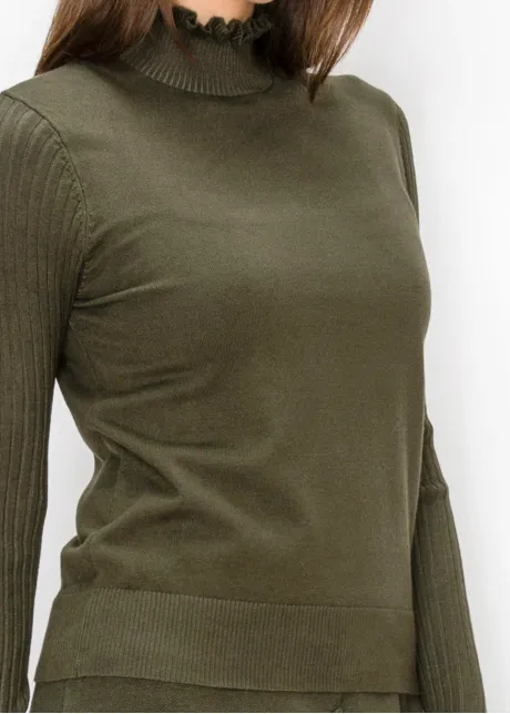 Ruffle Trim Sweater with Ribbed Sleeves