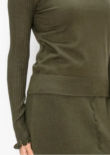 Ruffle Trim Sweater with Ribbed Sleeves