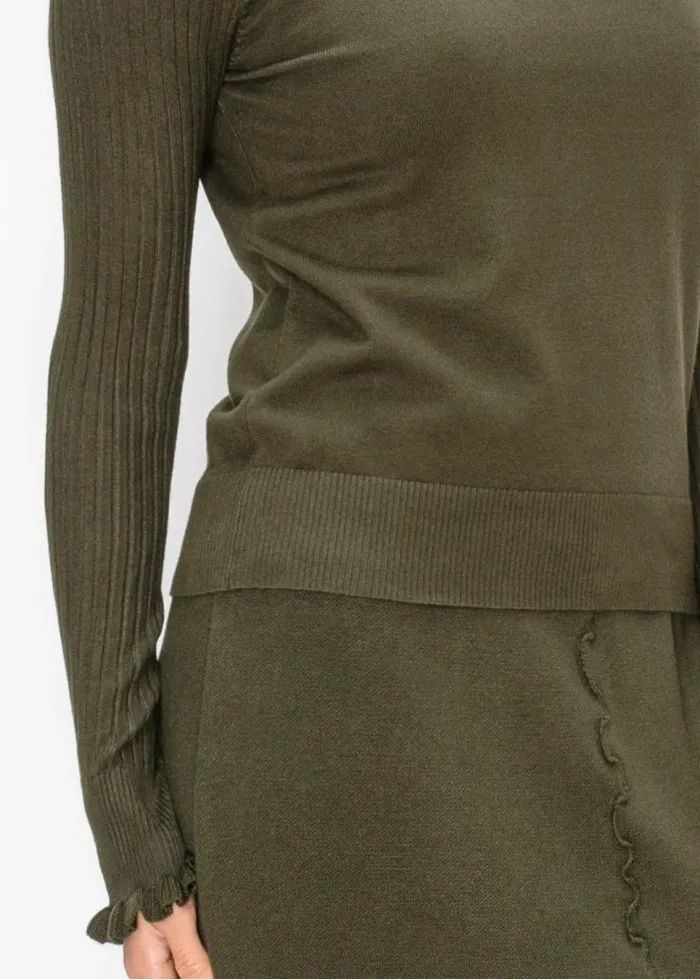 Ruffle Trim Sweater with Ribbed Sleeves