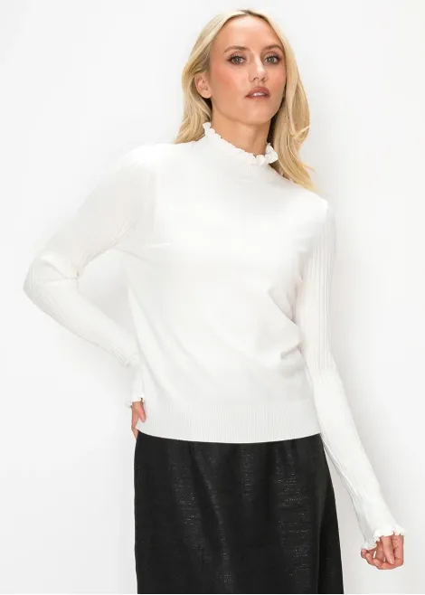White Ruffle Mock Neck Sweater