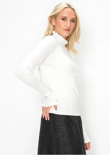 White Ruffle Mock Neck Sweater