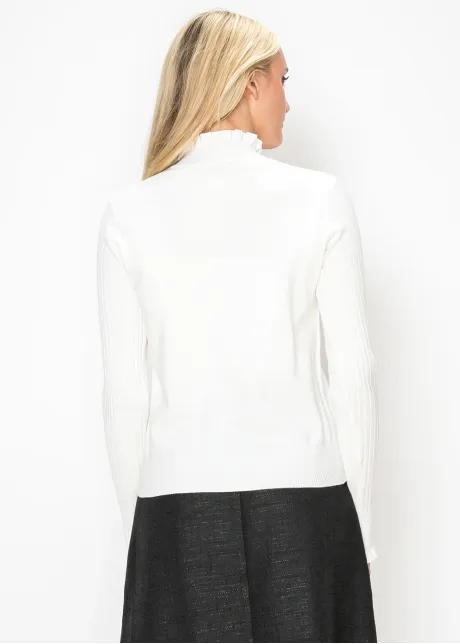 White Ruffle Mock Neck Sweater