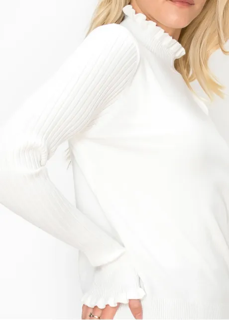 White Ruffle Mock Neck Sweater