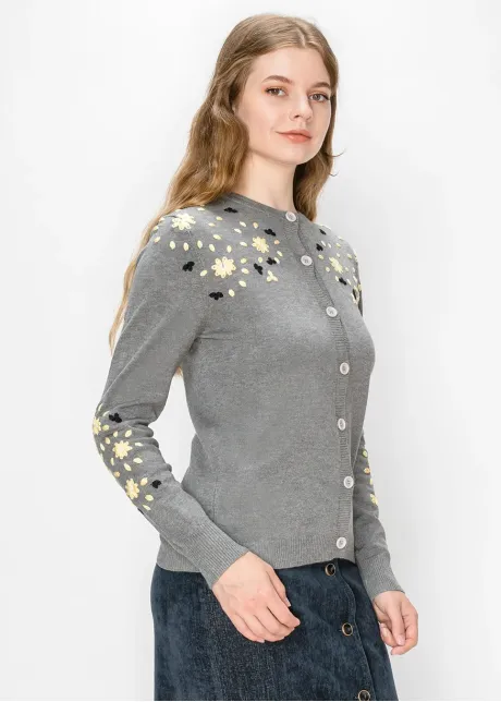 Cardigan with Embroidered Flowers - Grey