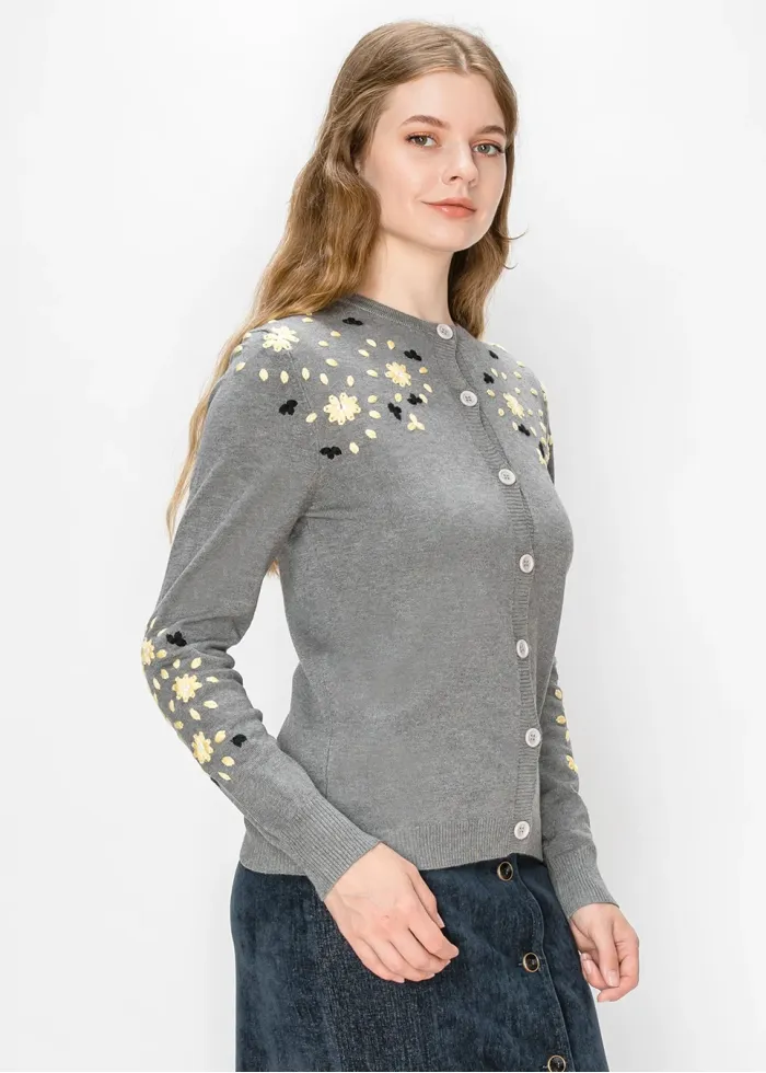 Cardigan with Embroidered Flowers - Grey