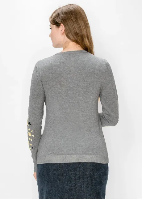 Cardigan with Embroidered Flowers - Grey