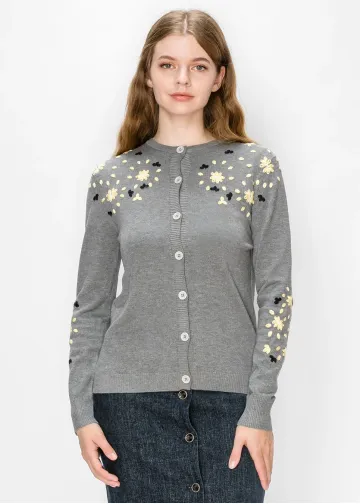 Cardigan with Embroidered Flowers - Grey