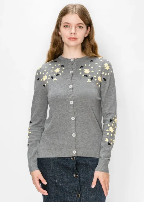 Cardigan with Embroidered Flowers - Grey