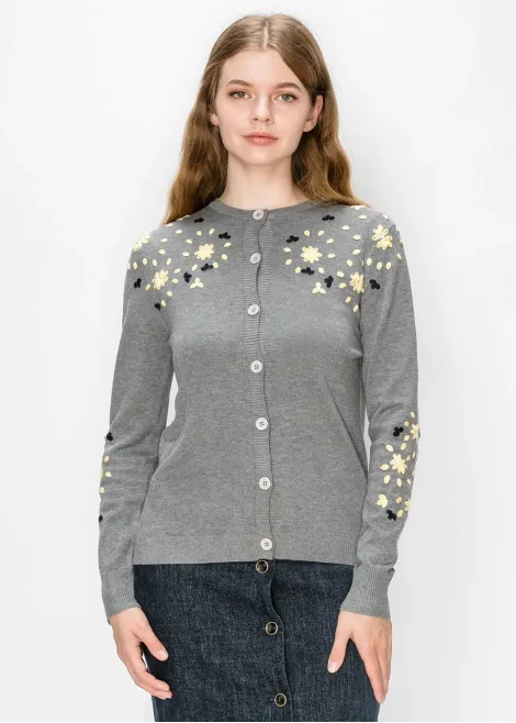 Cardigan with Embroidered Flowers - Grey