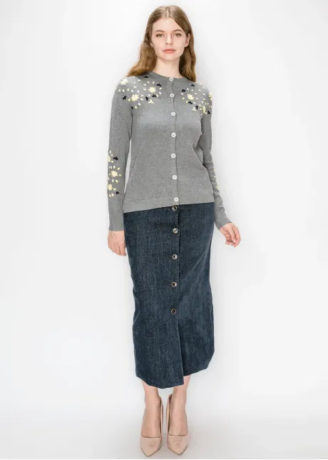 Cardigan with Embroidered Flowers - Grey