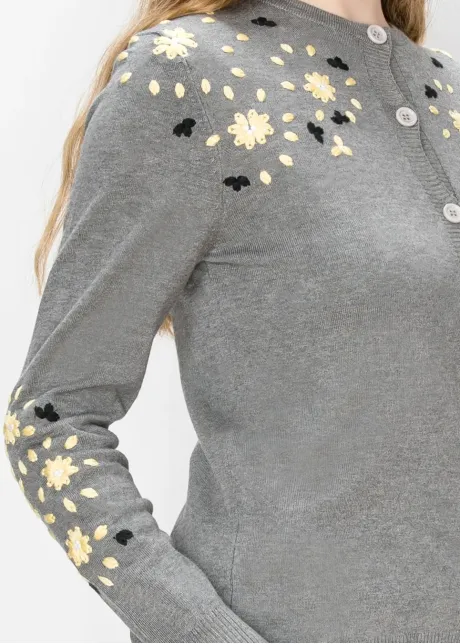 Cardigan with Embroidered Flowers - Grey