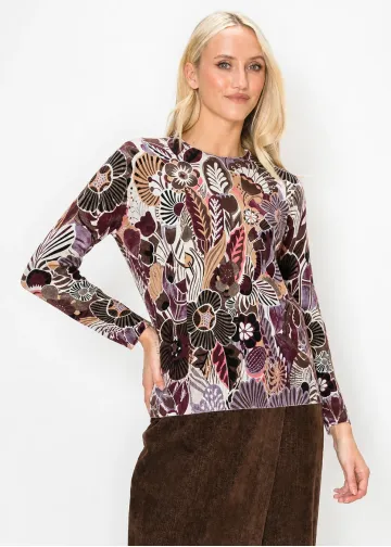 Burgundy Botanical Print Long Sleeve Top