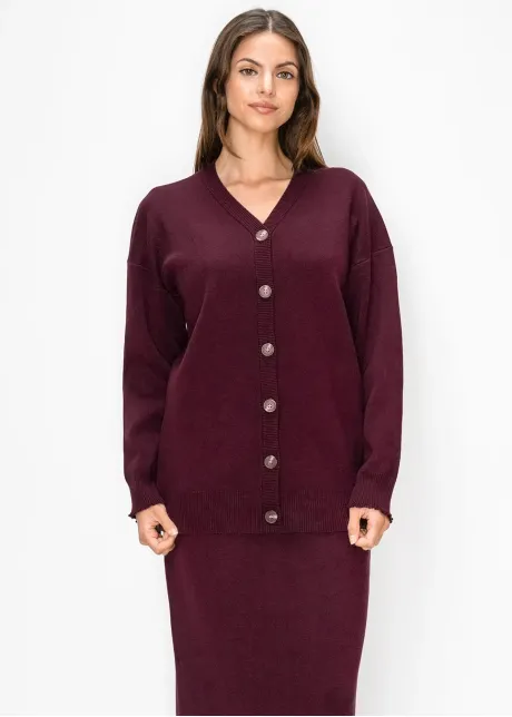 V Neck Knit Cardigan in Burgundy