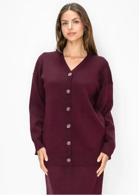 V Neck Knit Cardigan in Burgundy