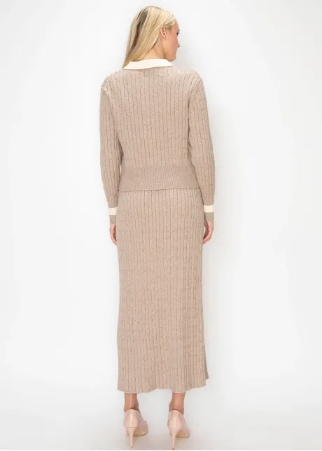 Beige Cable Knit Polo Sweater