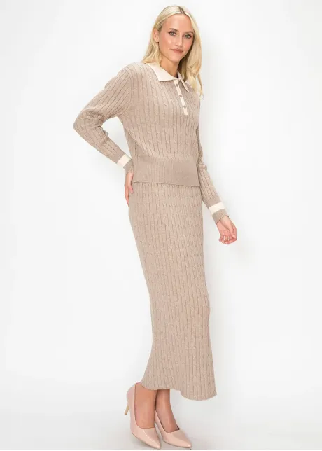 Beige Cable Knit Polo Sweater