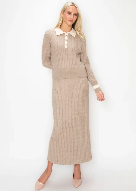 Beige Cable Knit Polo Sweater