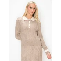 Beige Cable Knit Polo Sweater