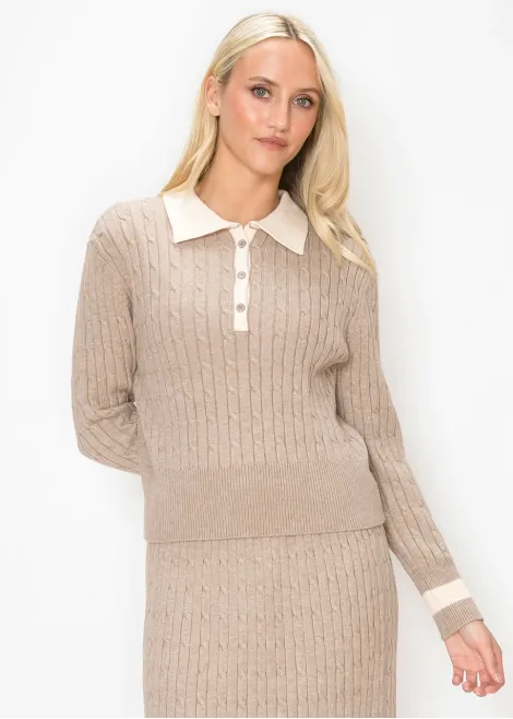 Beige Cable Knit Polo Sweater