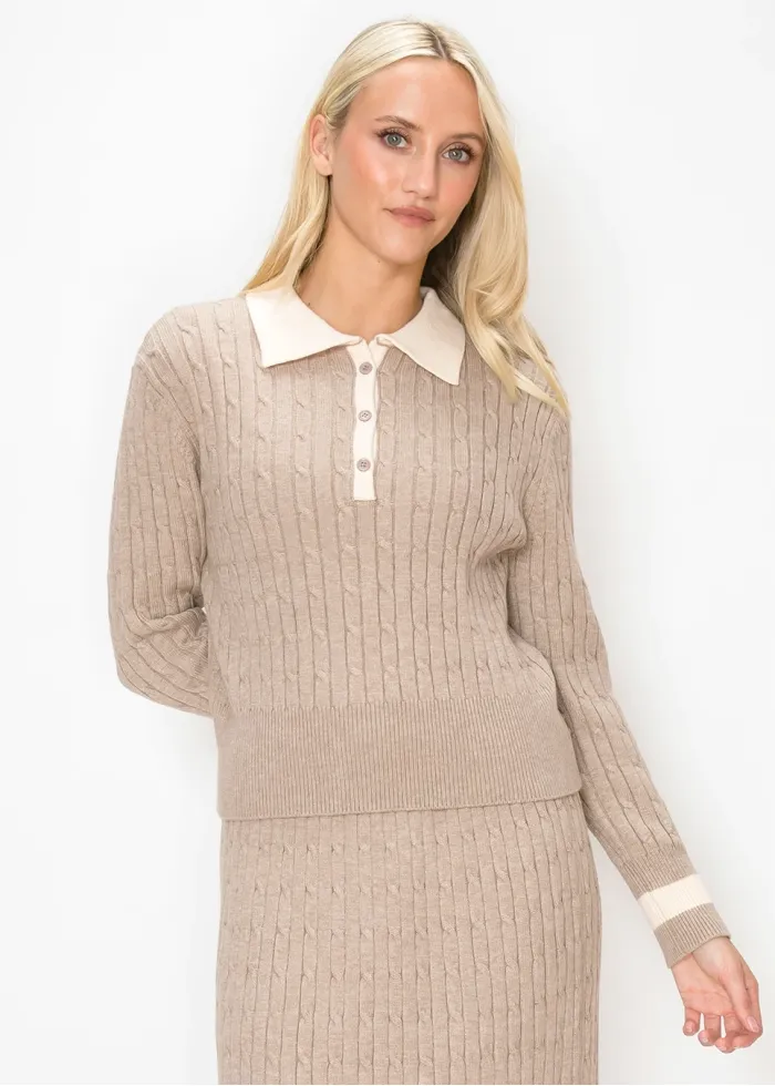 Beige Cable Knit Polo Sweater