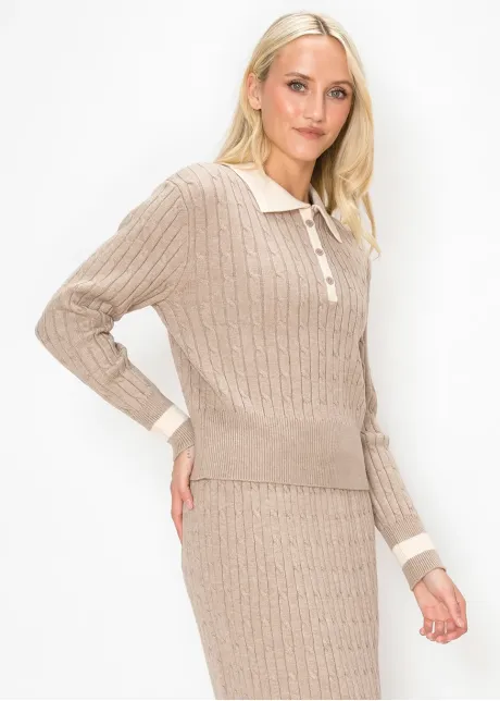 Beige Cable Knit Polo Sweater